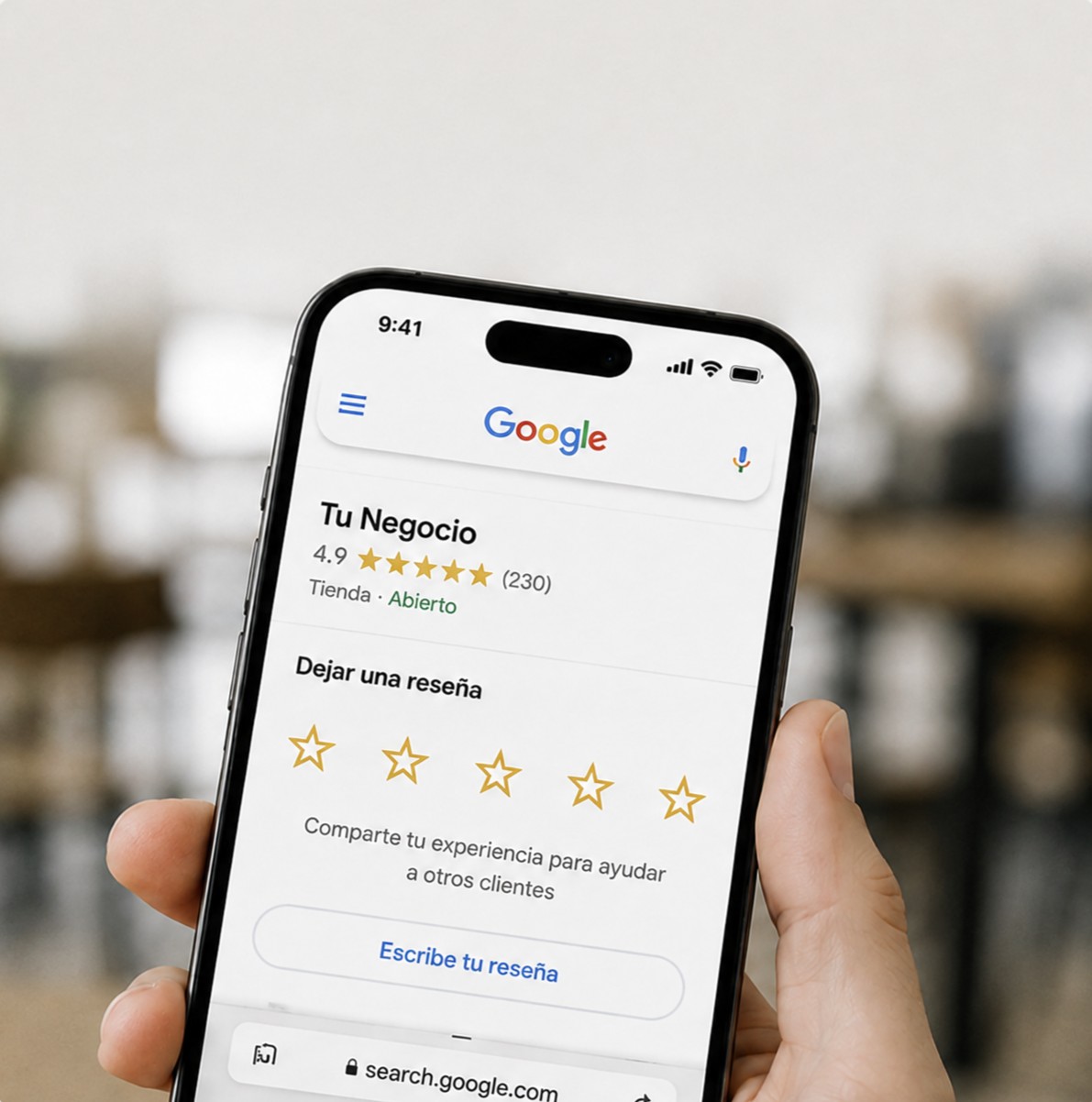 Celular mostrando la pantalla de reseña de Google del negocio