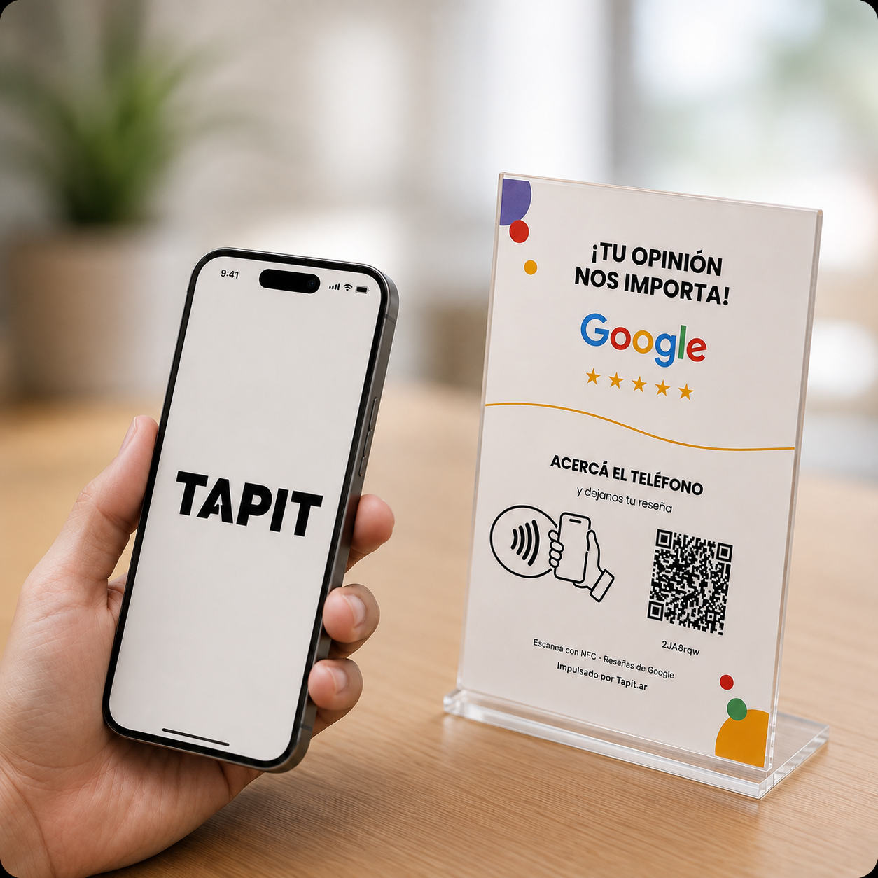 Mano acercando el celular al cartel Tapit de acrílico sobre el mostrador